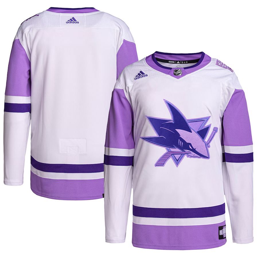Men San Jose Sharks adidas White Purple Hockey Fights Cancer Primegreen Authentic Blank Practice NHL Jersey->san jose sharks->NHL Jersey